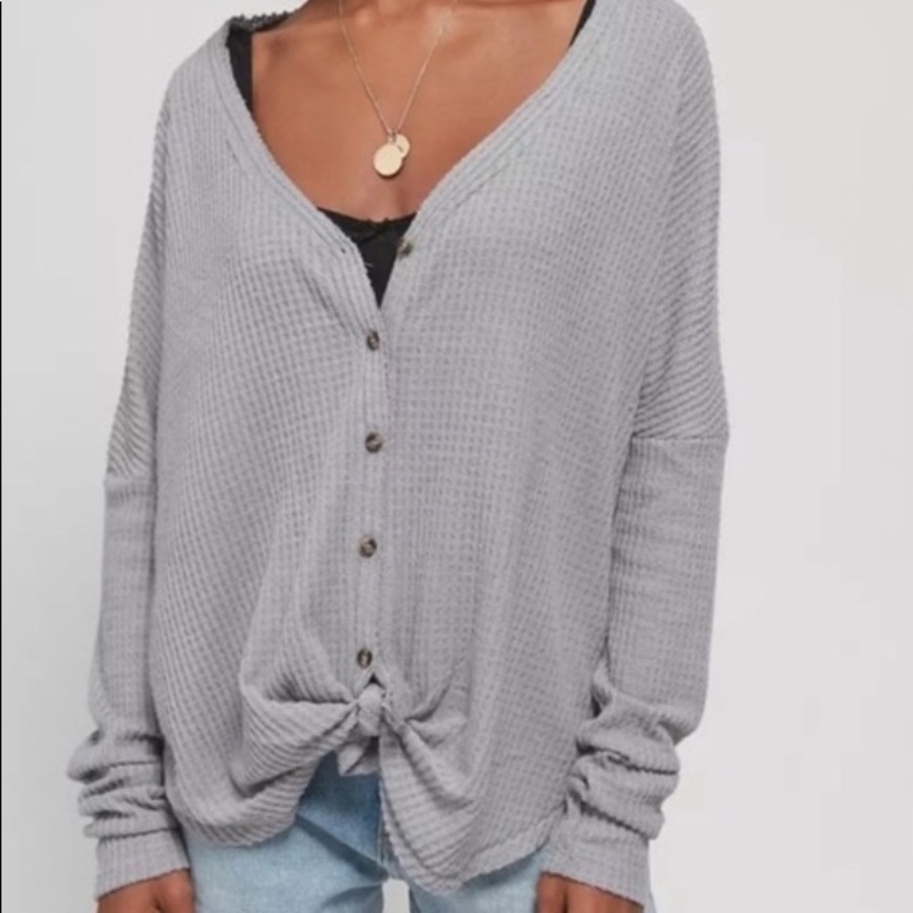 Out from Under Waffle Knit Button Down Sweater Urban Outfitters light grey XS